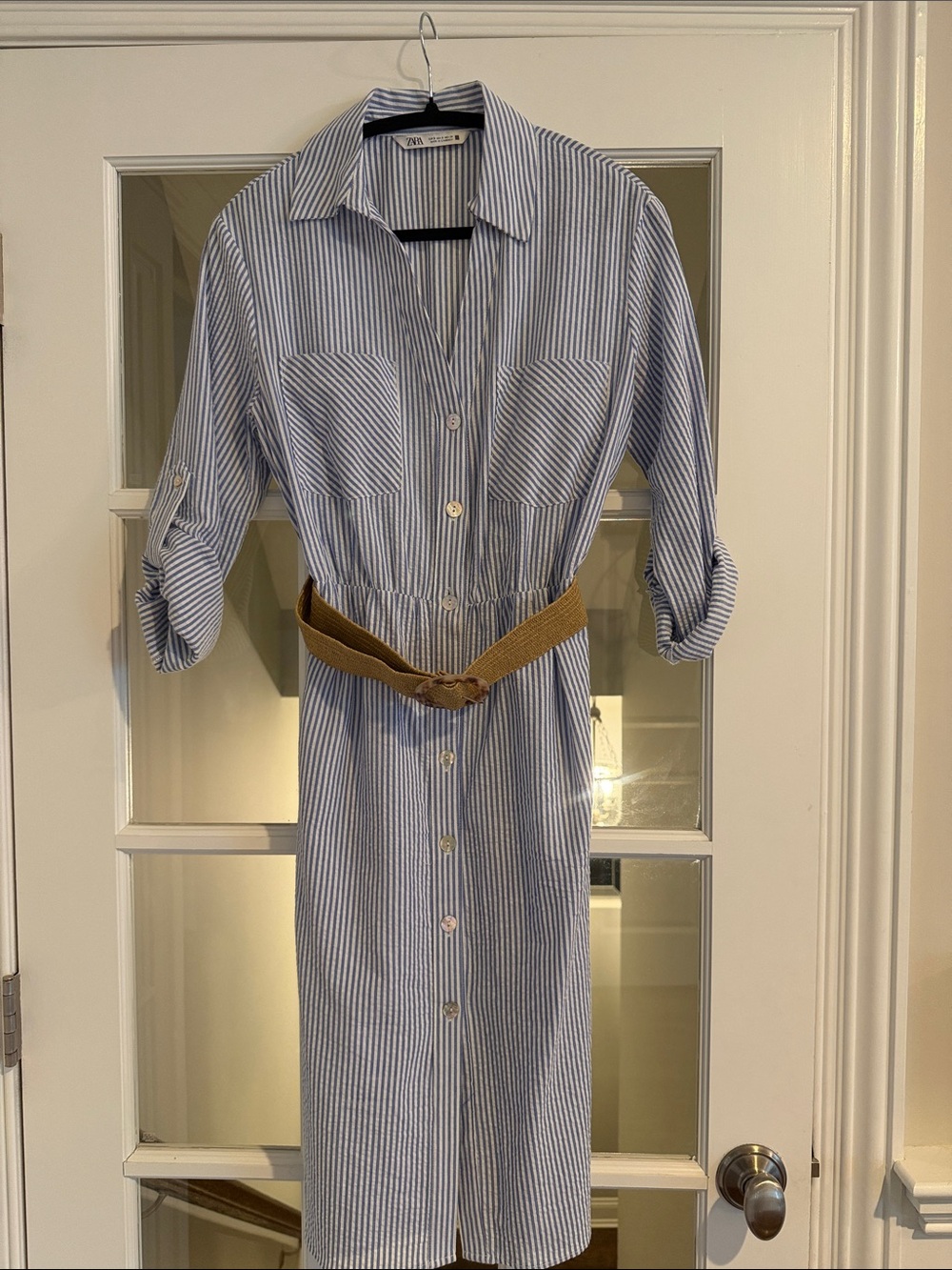 Zara Striped Button-Front Shirt Dress in Light Blue with Belt - Picture 2 of 6